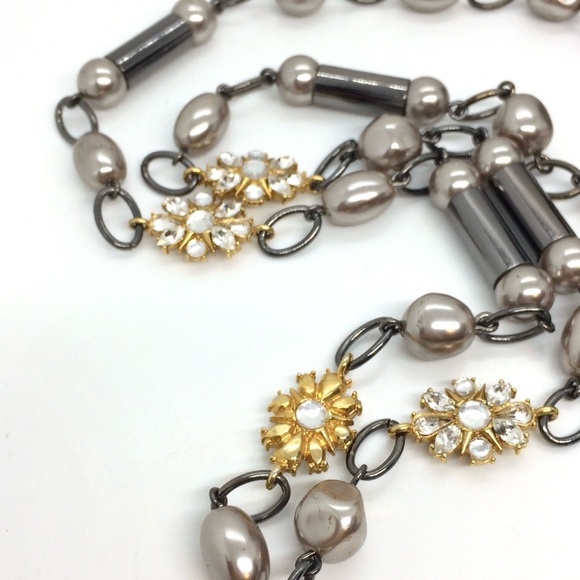 LIA SOPHIA LONG NECKLACE WITH GOLD RHINESTONE PEARL STATIONS GUNMETAL 36” LONG - Picture 11 of 12